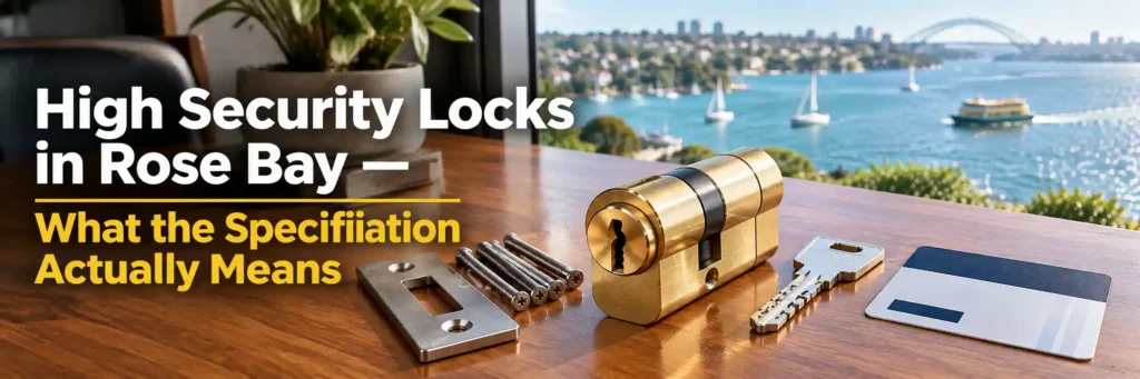 High-security brass lock cylinder, restricted key, stainless steel strike plate and security screws on a timber table in Rose Bay. Copy Alt Text