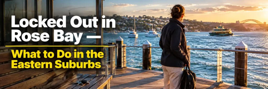 Person stranded at Rose Bay ferry wharf after leaving their keys behind on a wooden bench beside Sydney Harbour. Copy Alt Text