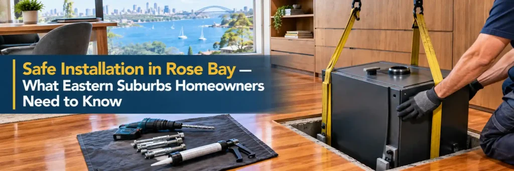 Professional locksmith installing a floor safe into a concrete sub-floor in a premium Rose Bay home study overlooking Sydney Harbour. Copy alt text
