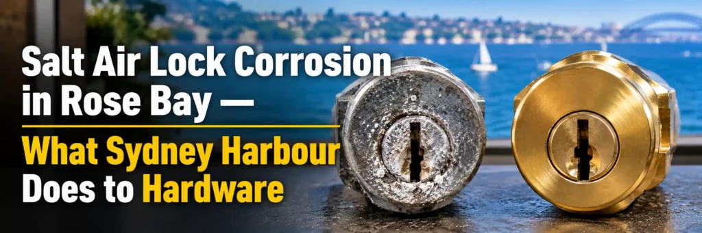 Corroded door lock cylinder compared with a clean brass replacement near Sydney Harbour in Rose Bay. Copy Alt Text