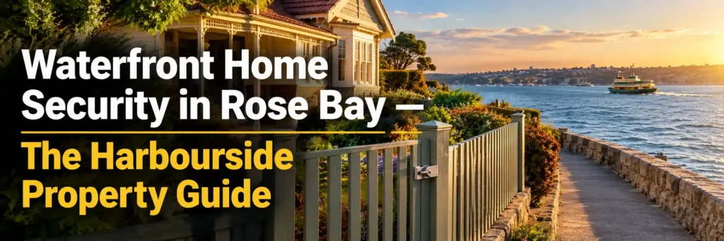 Waterfront home in Rose Bay with a garden gate and latch beside the Sydney Harbour seawall path. Copy Alt Text